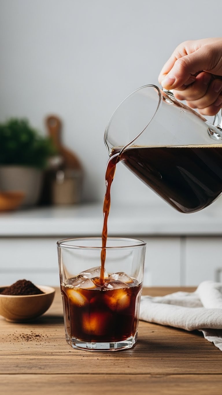 Rich decaf cold brew concentrate pouring from glass pitcher into ice-filled serving glass on rustic wooden table