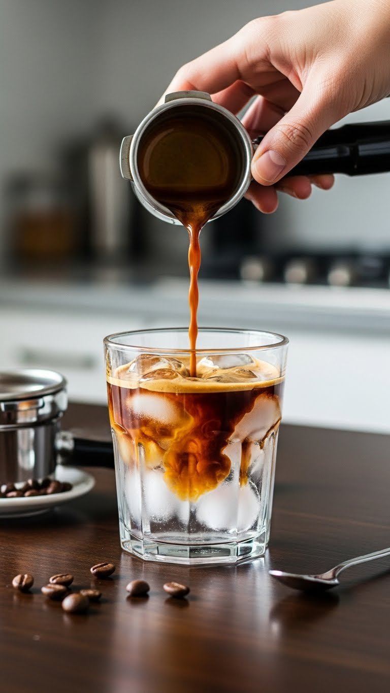 Rich espresso shots cascading into ice water glass with golden crema on dark wooden counter