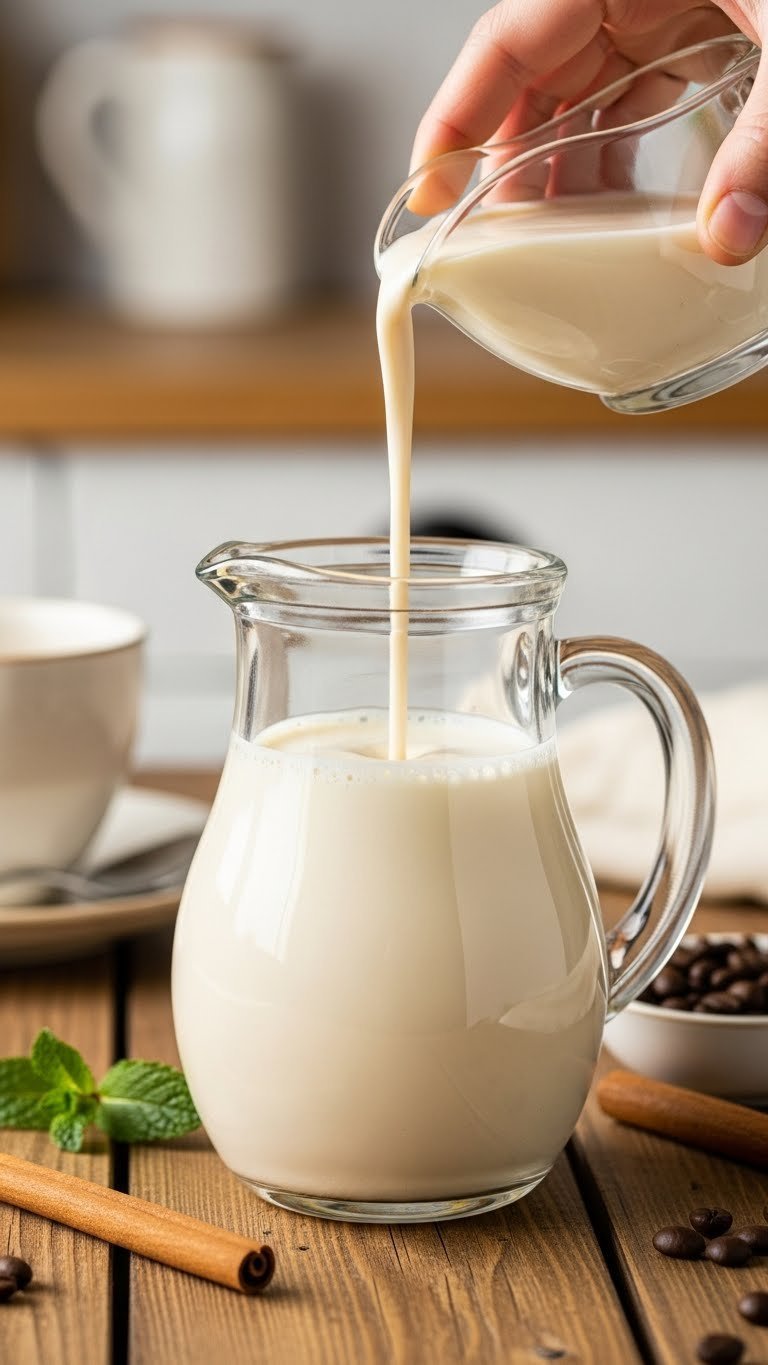 Rich keto Irish cream poured into glass creamer pitcher with coffee mug and beans on rustic wooden table.