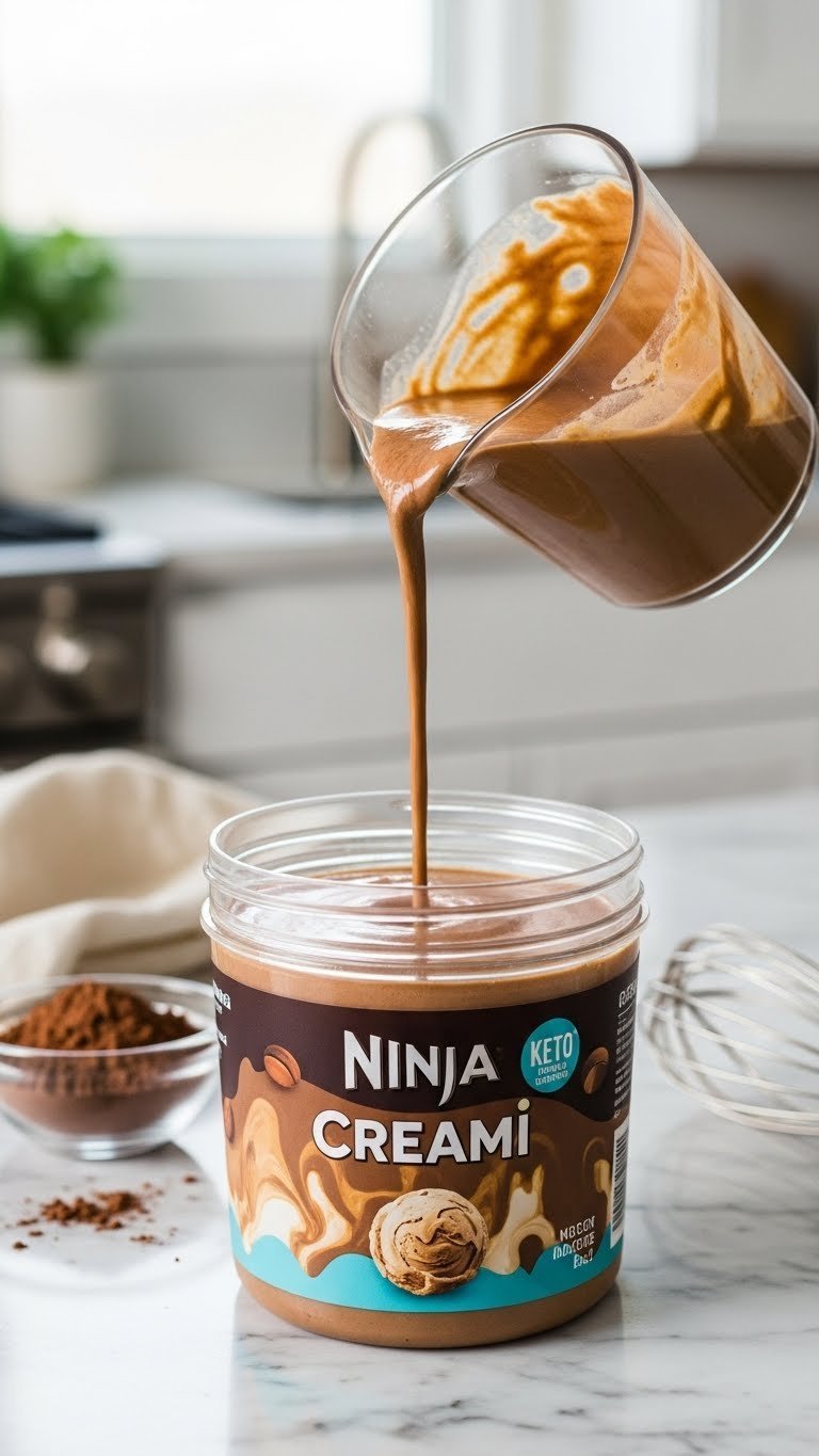 Rich keto coffee ice cream base in clear Ninja Creami pint with creamy swirls on marble countertop in soft natural light