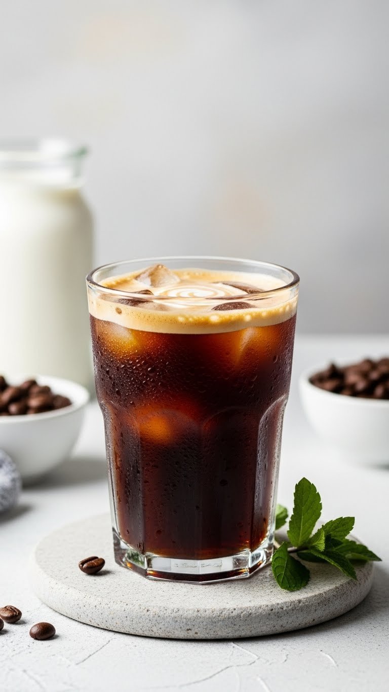 Rich keto cold brew coffee in clear glass with creamy swirl, ice cubes, and coffee beans on stone surface.