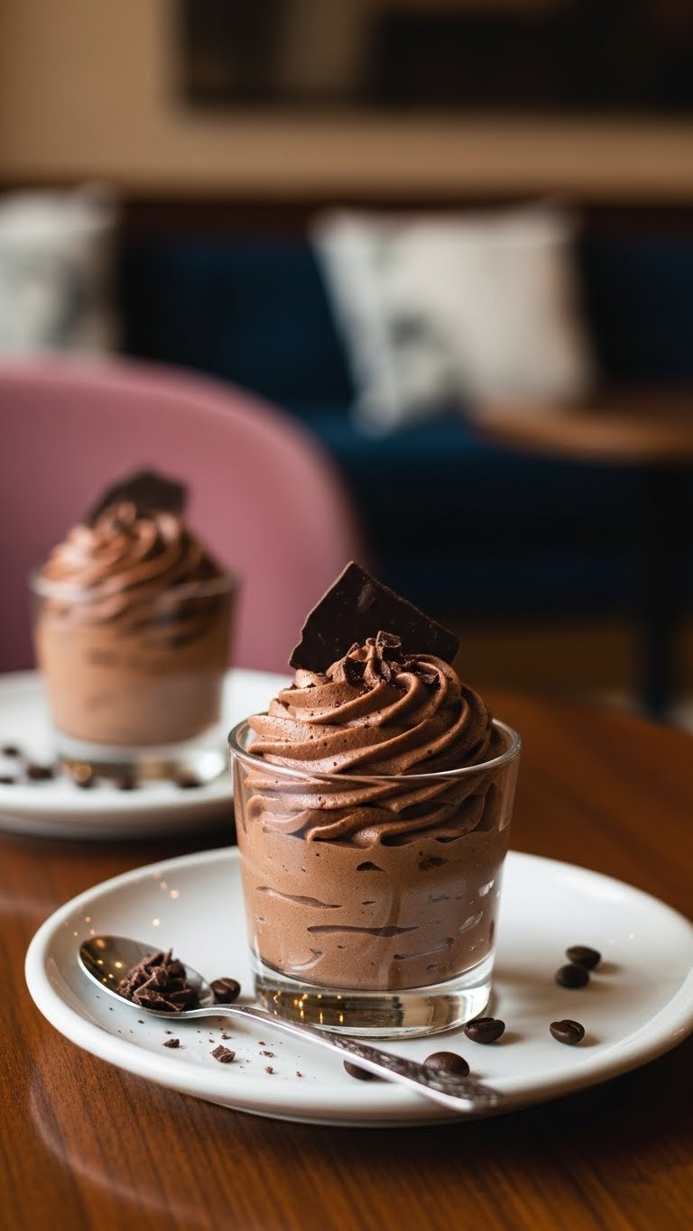 Rich keto mocha mousse with chocolate shavings in clear glass on dark wooden table with coffee beans