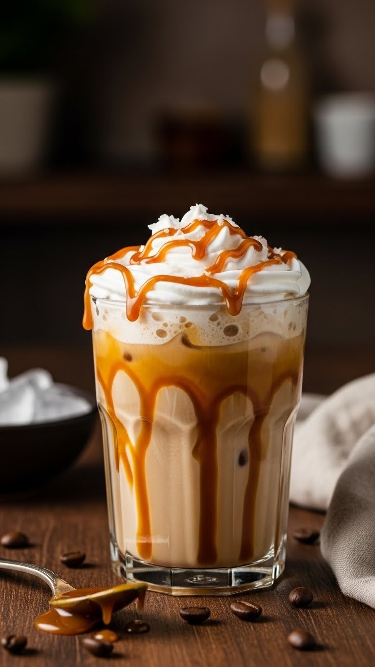 Rich keto salted caramel iced coffee with caramel drizzle, sea salt, and whipped cream on dark polished wood surface.