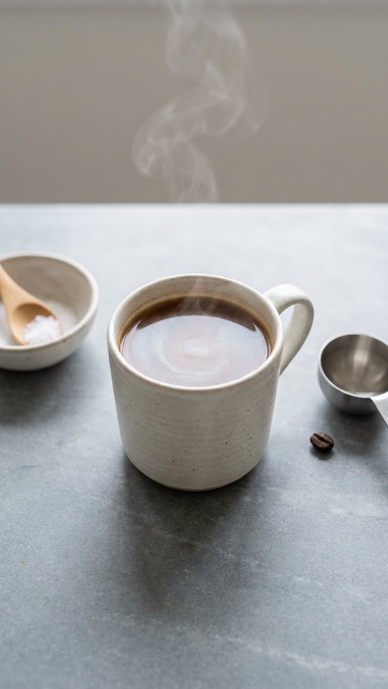Complete High Protein Coffee Recipes For Busy Mornings 7 Rich lean muscle keto protein coffee in a minimalist mug with creamy sheen and steam, on stone, with keto sweeteners.