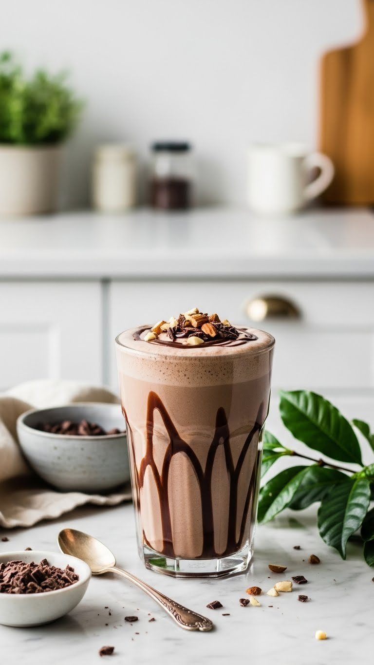 Rich mocha almond keto coffee protein shake with chocolate syrup and chopped almond garnish