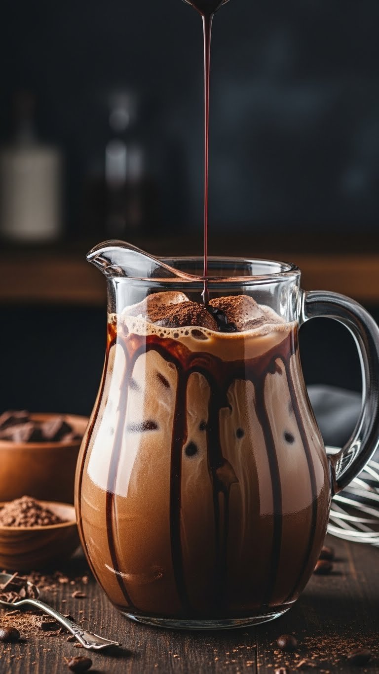 Rich mocha iced coffee with chocolate syrup drizzle and cocoa powder on dark wooden surface
