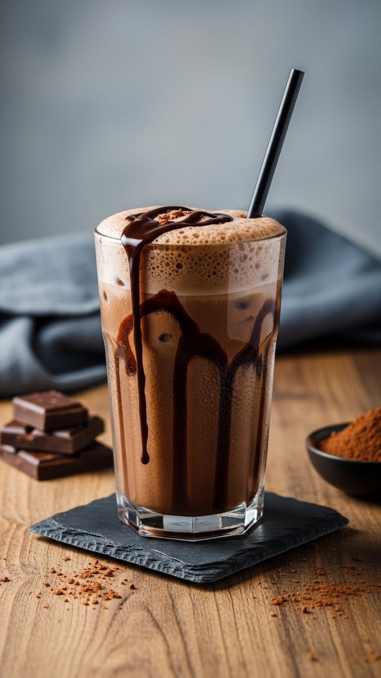 Rich mocha protein iced coffee with chocolate drizzle in tall glass on dark slate coaster