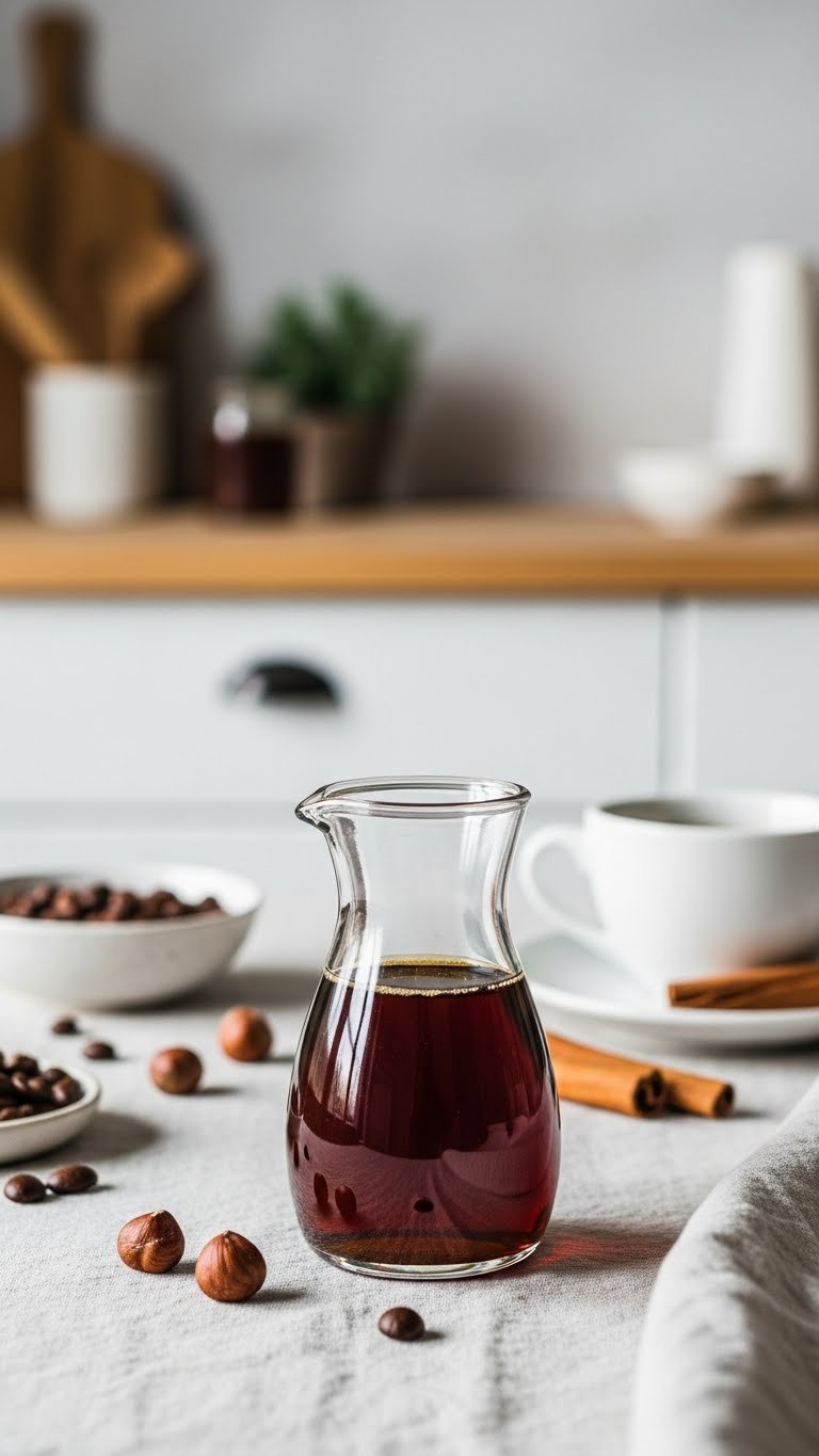 Rich sugar-free hazelnut coffee syrup in elegant glass carafe with roasted hazelnuts on linen tablecloth