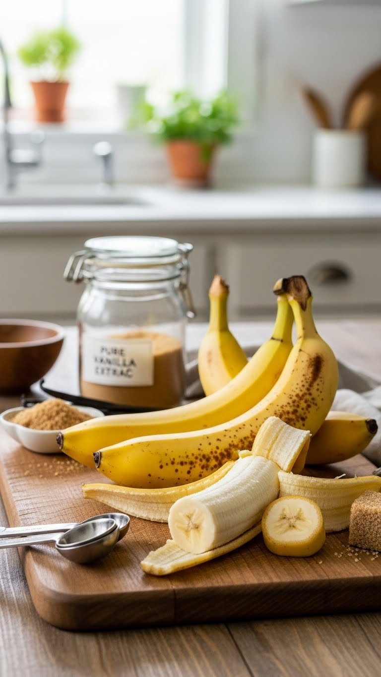 Ripe spotty yellow bananas on rustic cutting board with brown sugar and vanilla extract for baking preparation