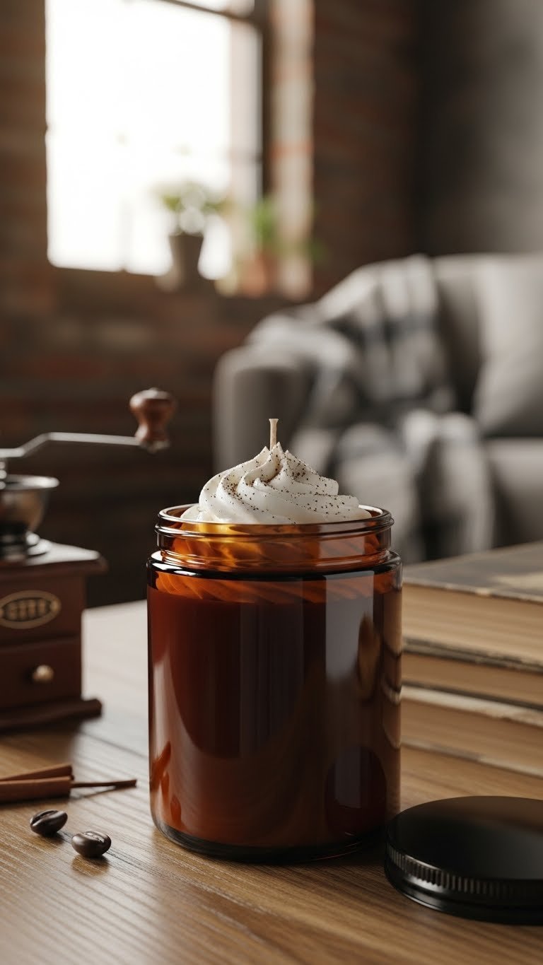 Best Whipped Coffee Candle: 7 Perfect Picks & DIY Guide 7 Robust dark roast whipped coffee candle in amber glass jar with textured topping on rustic coffee table