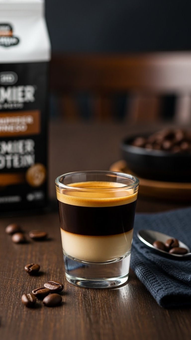 Easy Premier Protein Coffee Recipes: 11 Delicious Drinks 17 Robust espresso protein shot in a clear glass, with rich espresso and creamy protein layers and visible crema.