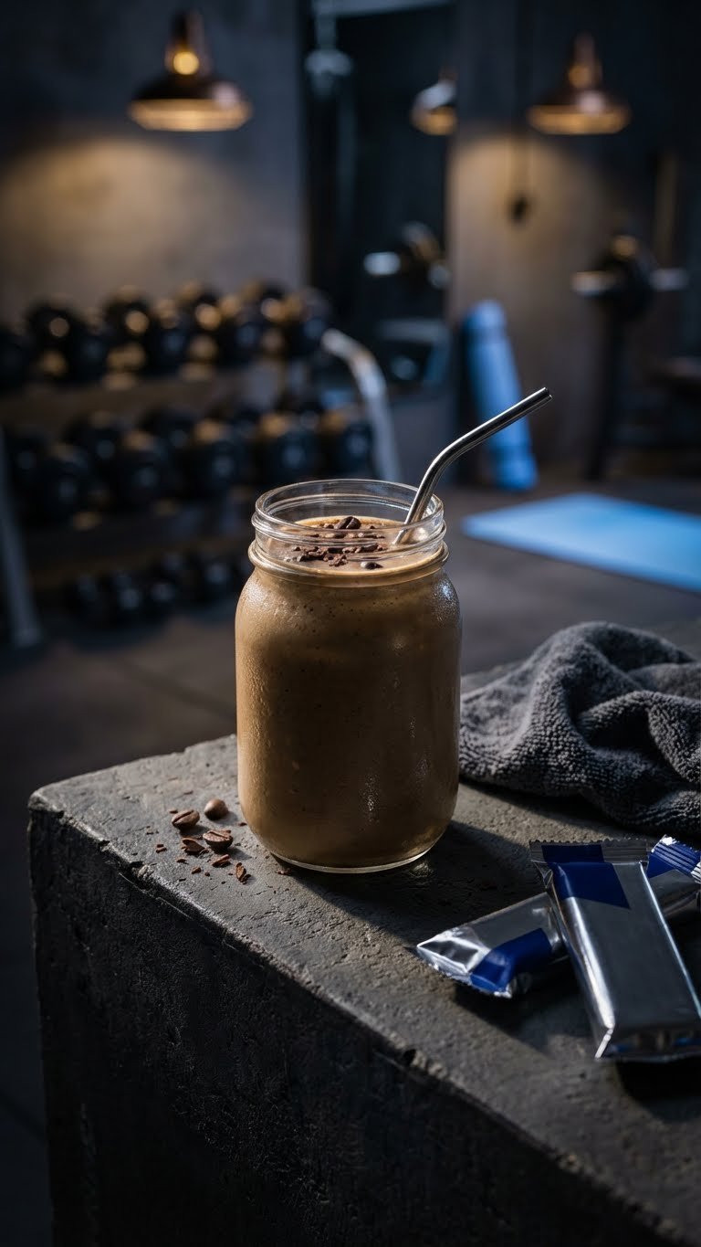 Protein Coffee Smoothie: Delicious Energy & Muscle Boost 13 Robust post-workout protein coffee smoothie in a wide glass on a gym counter with blurred weights, perfect for muscle-building.
