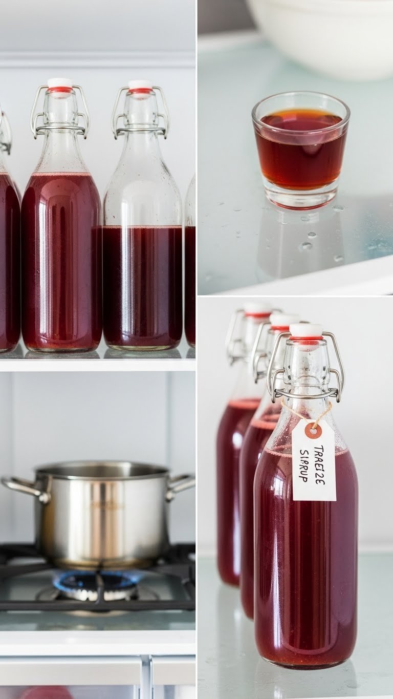 Row of sealed strawberry syrup bottles organized in refrigerator shelf with troubleshooting thin syrup demonstration