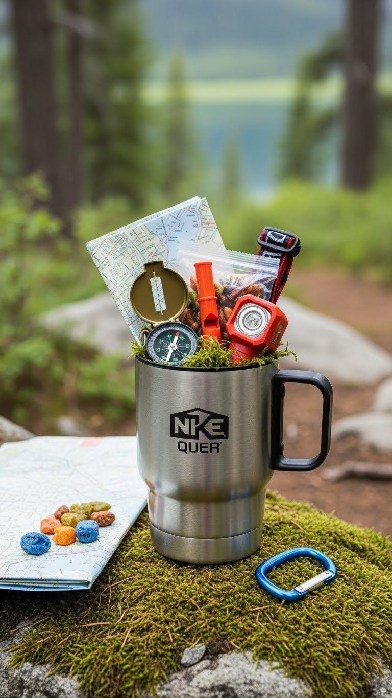 Rugged insulated travel mug containing compass, whistle, trail mix, and headlamp on mossy rock in forest setting.