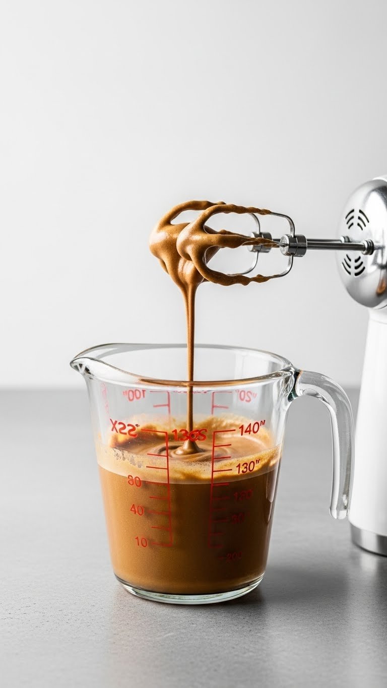 Whipped Coffee With Nespresso Easy Creamy Recipe For Beginners 12 Runny dark brown coffee mixture in a glass with a hand mixer, illustrating a common failed whipped coffee.