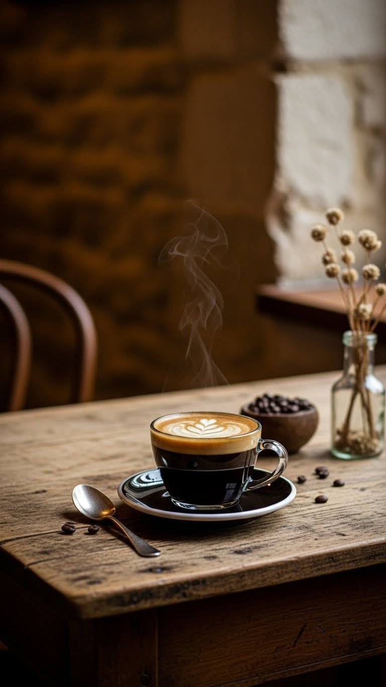 Rustic black coffee on antique wooden table at Fragments cafe Paris with exposed stone walls and warm golden hour lighting