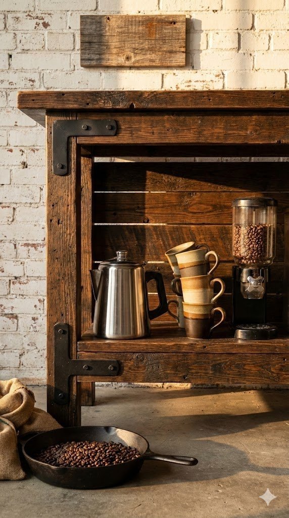 Rustic black coffee station with reclaimed wood shelves and vintage coffee accessories