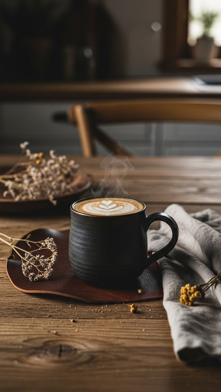 Rustic black stoneware coffee mug with frothy latte on aged wooden table in farmhouse kitchen setting
