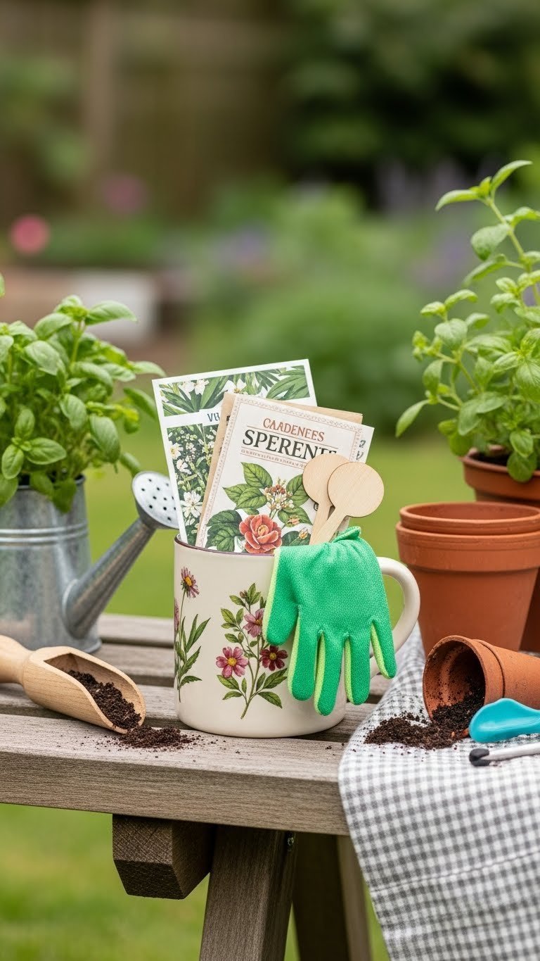 Rustic botanical coffee mug filled with seed packets and gardening gloves in outdoor setting