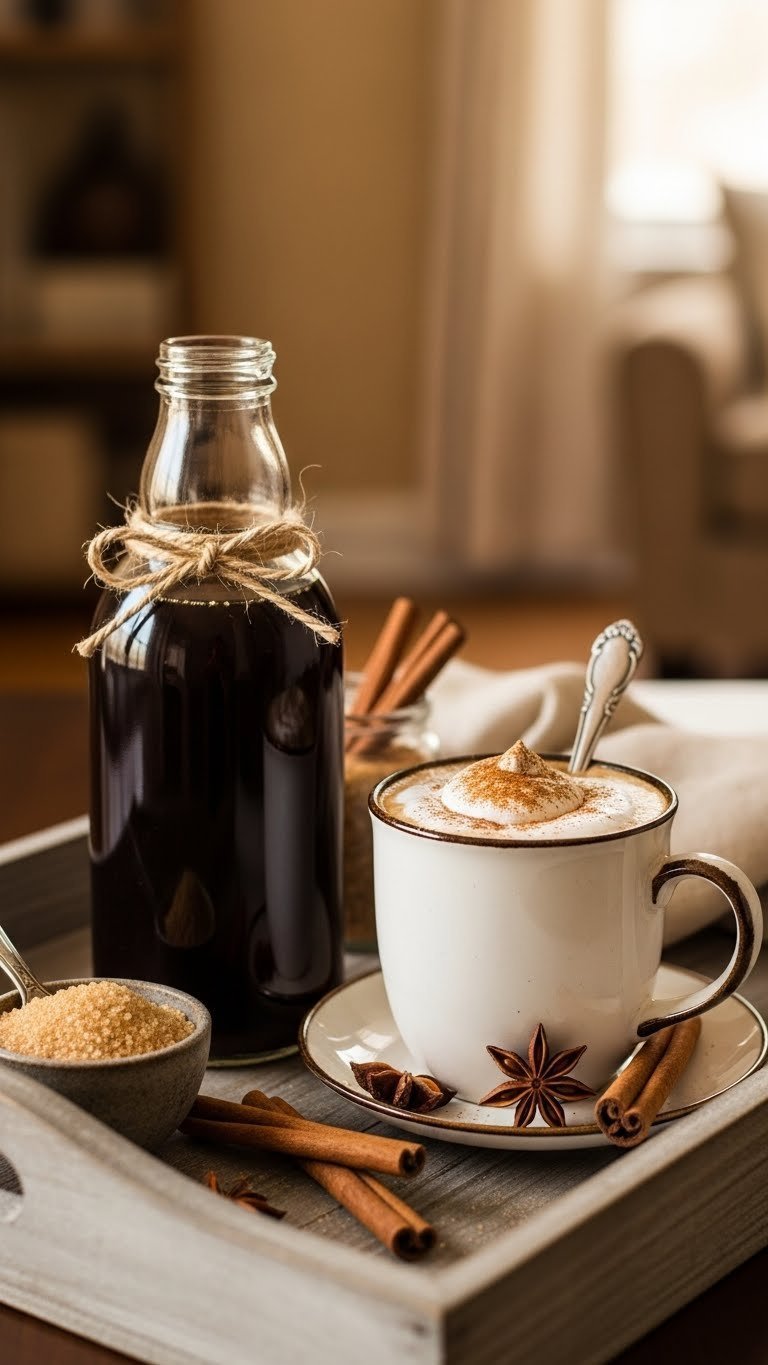 Rustic bottle of brown sugar cinnamon coffee syrup tied with twine bow next to spiced coffee mug on wooden tray
