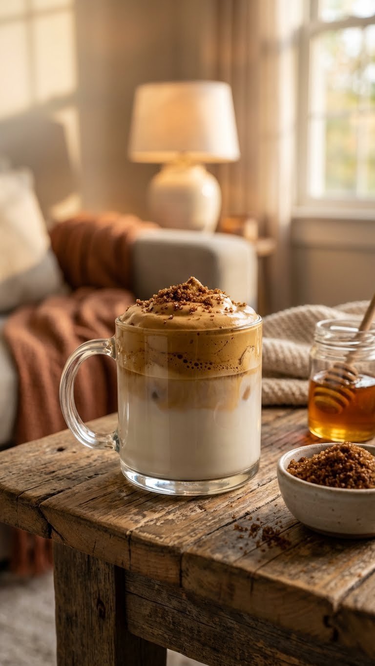 Rustic brown sugar whipped coffee in clear glass mug with caramel foam garnish on reclaimed wood surface