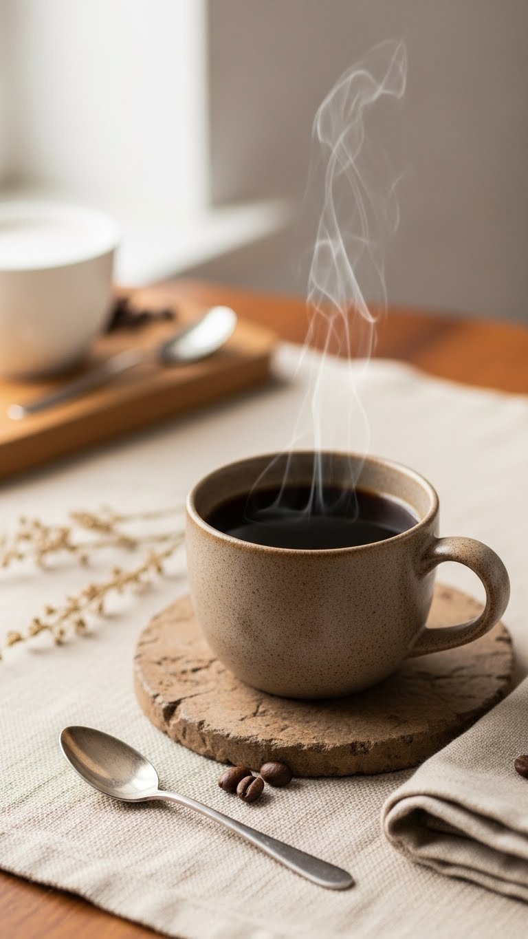 Rustic ceramic coffee mug on textured linen placemat with coffee beans and teaspoon arrangement