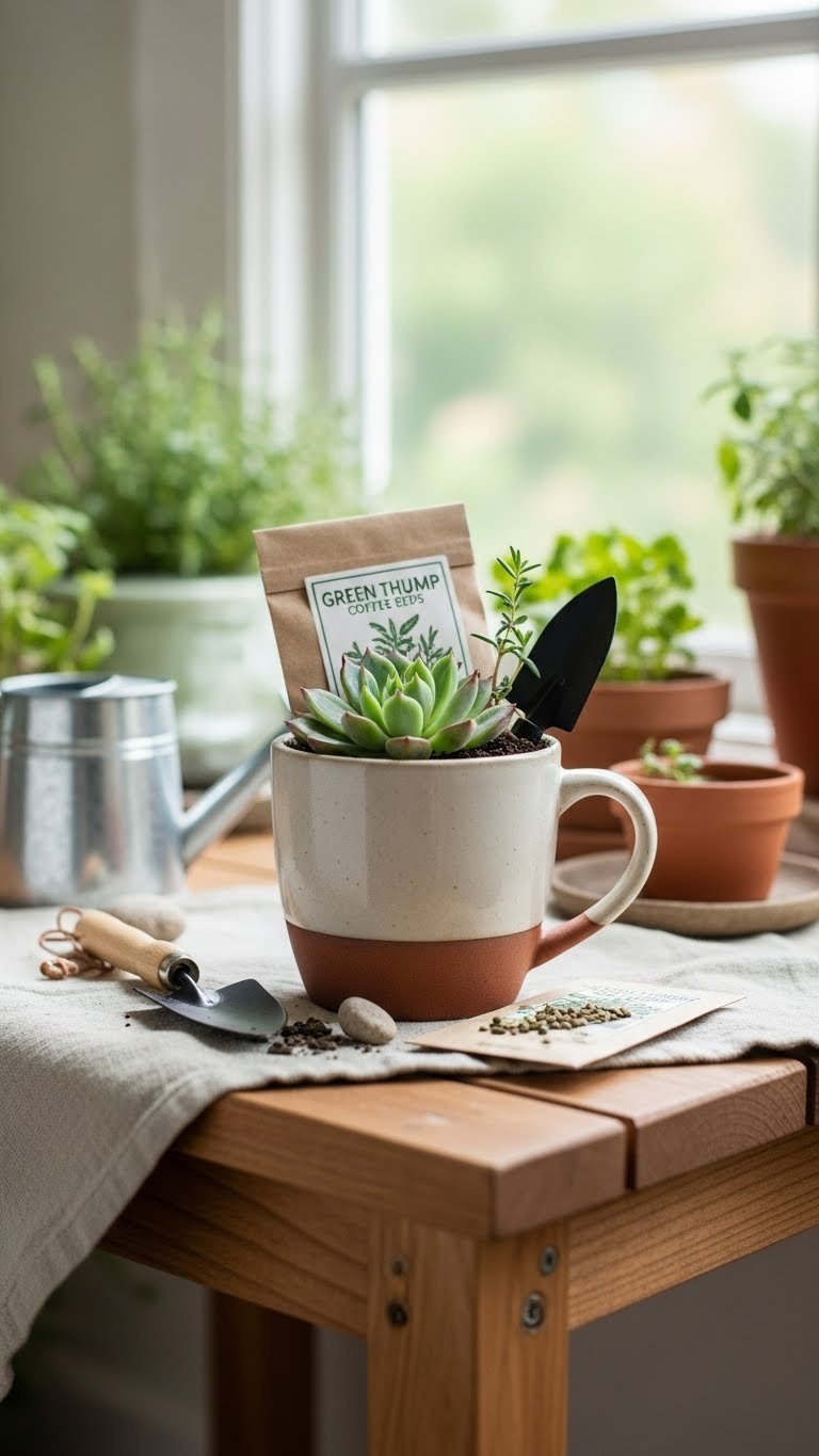 Rustic ceramic coffee mug with mini succulent plant, herb seeds, and gardening trowel on wooden potting bench garden gift