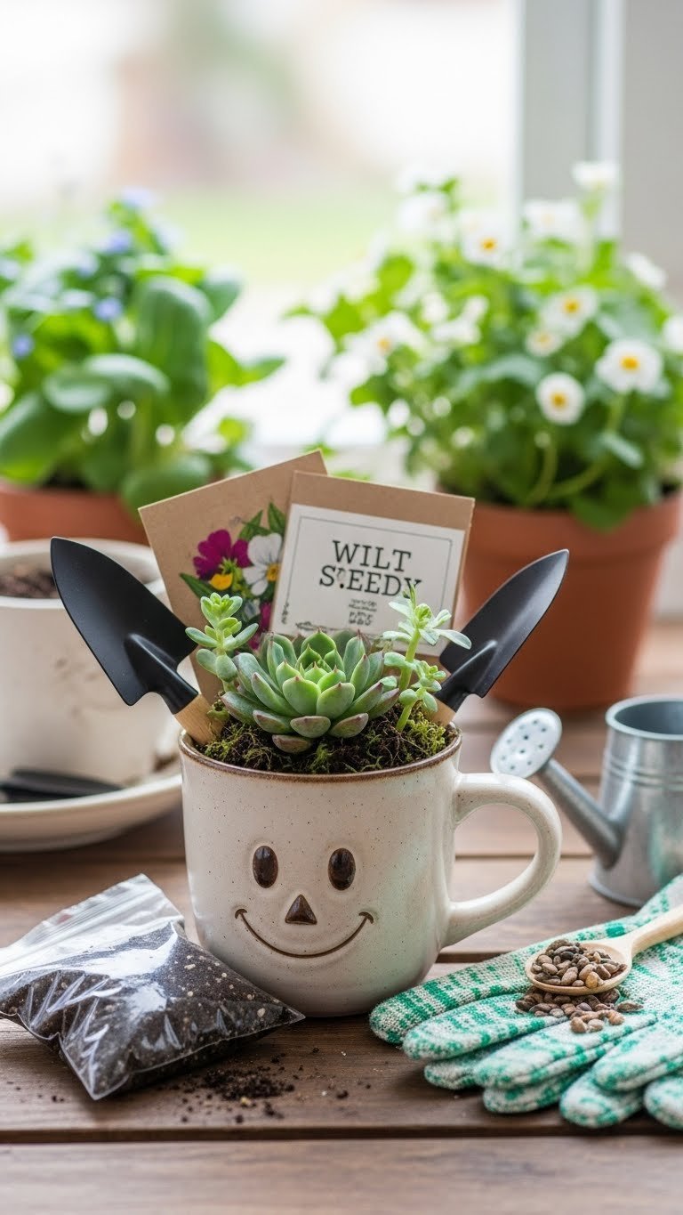 Rustic ceramic mug housing vibrant succulent plant surrounded by potting soil and gardening tools on wooden table with natural lighting