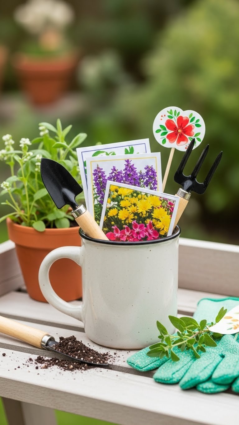 Rustic gardening mug overflowing with colorful seed packets, mini trowel, and plant markers
