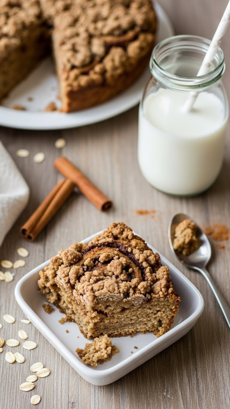 Rustic high-protein baked oatmeal coffee cake slice with crumble topping, half-eaten in a bowl. Healthy breakfast meal prep.