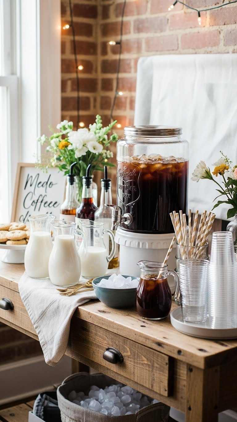 Rustic iced coffee bar setup with beverage dispenser, milk pitchers, and syrups on reclaimed wood table
