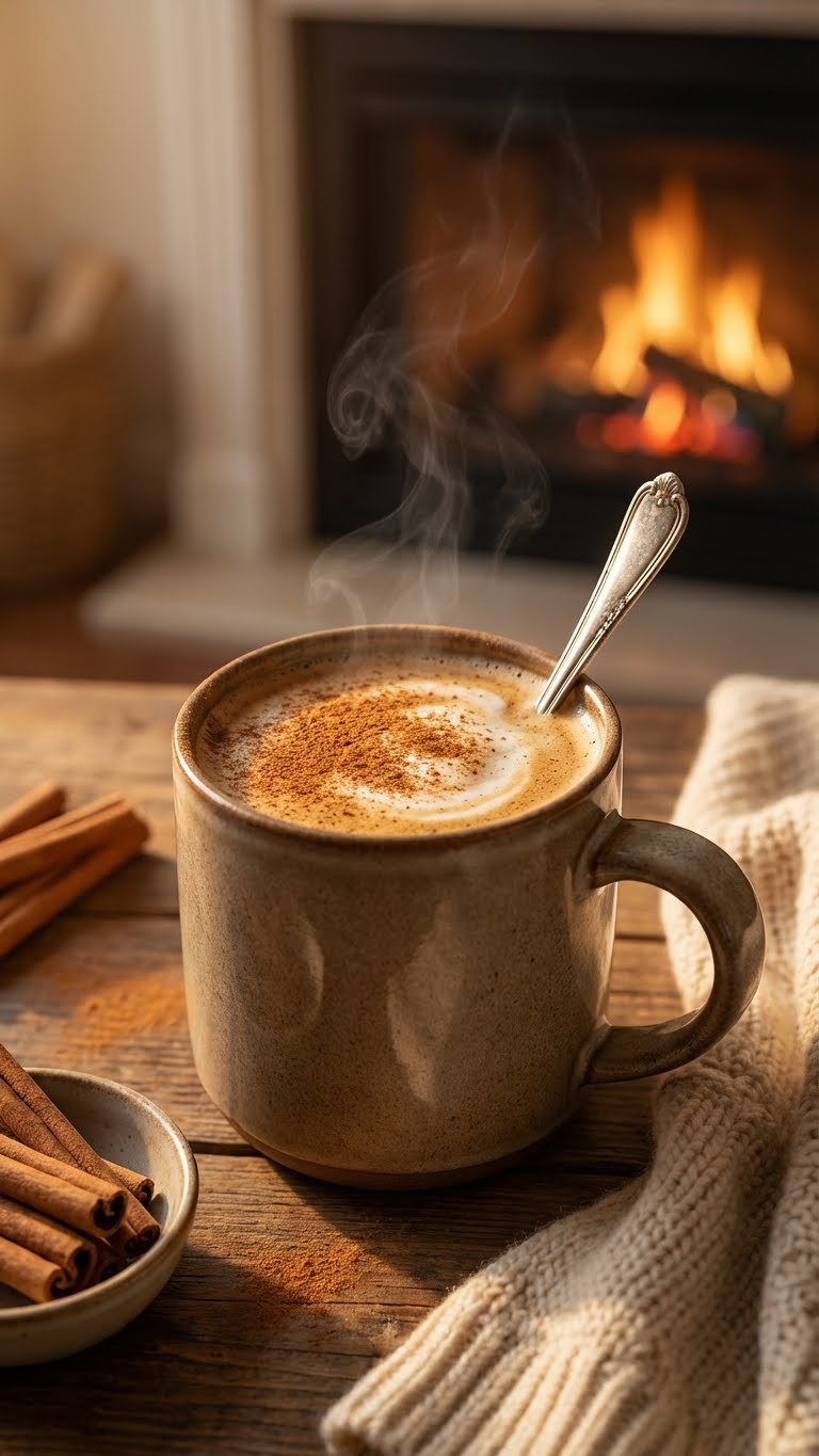 Complete High Protein Coffee Recipes For Busy Mornings 11 Rustic mug with spicy cinnamon dolce protein coffee, cinnamon dusting, and steam, on distressed wood, with cinnamon sticks.