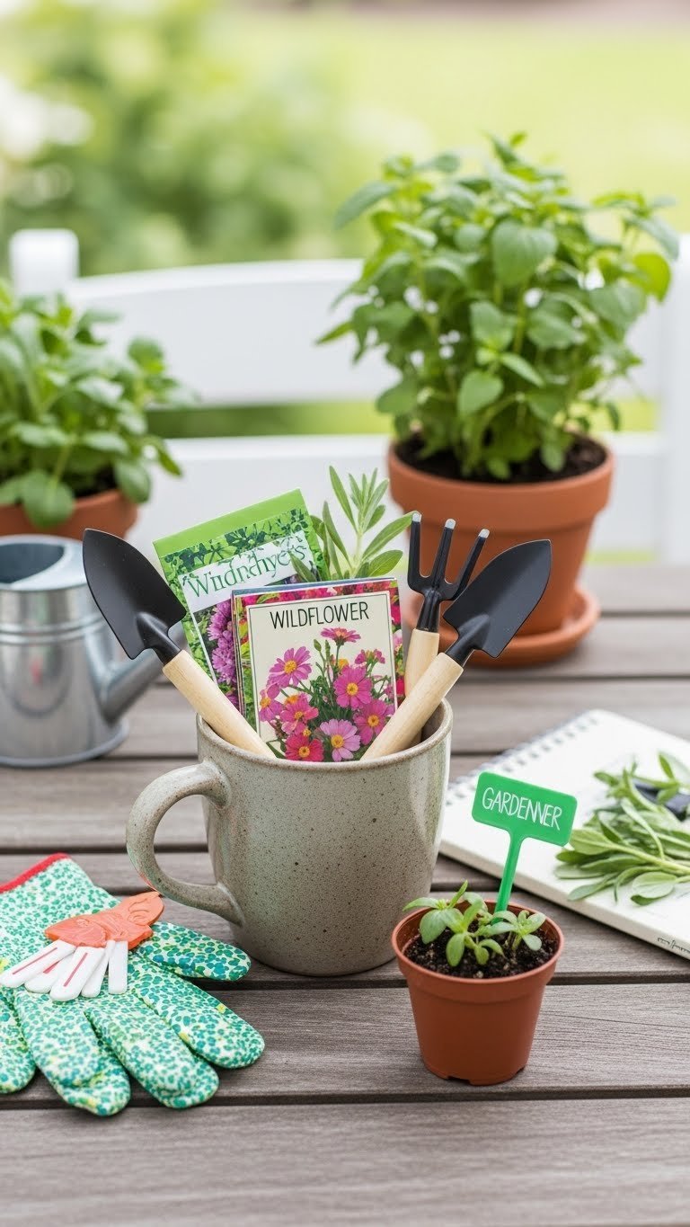 Rustic terracotta mug filled with colorful seed packets, miniature gardening tools, plant markers, and gardening gloves surrounded by fresh herbs