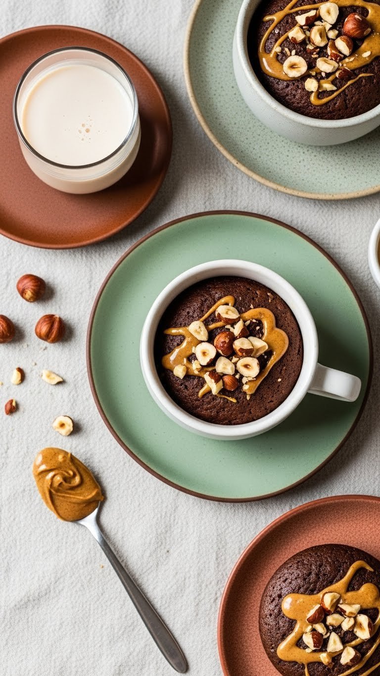 Rustic vegan coffee hazelnut mug cake with chopped hazelnuts and hazelnut butter drizzle on linen. Wholesome plant-based dessert.