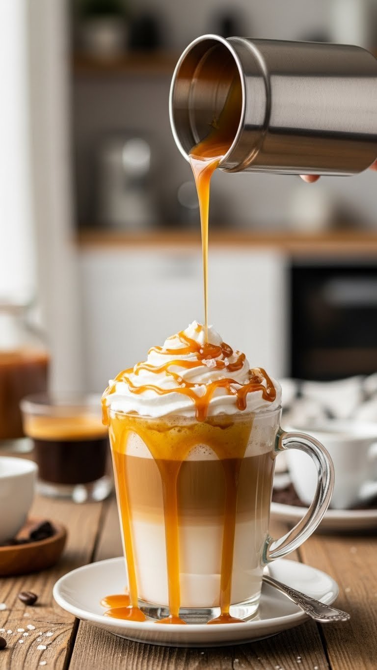 Salted caramel latte with homemade syrup drizzled over whipped cream in glass mug showing espresso, steamed milk, and caramel layers.