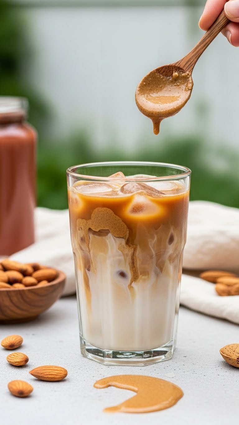 Creamy Low Carb Protein Coffee Recipe For Weight Loss 5 Salted caramel macchiato in a clear glass mug with distinct layers, caramel drizzle, sea salt, and a gold stirring rod