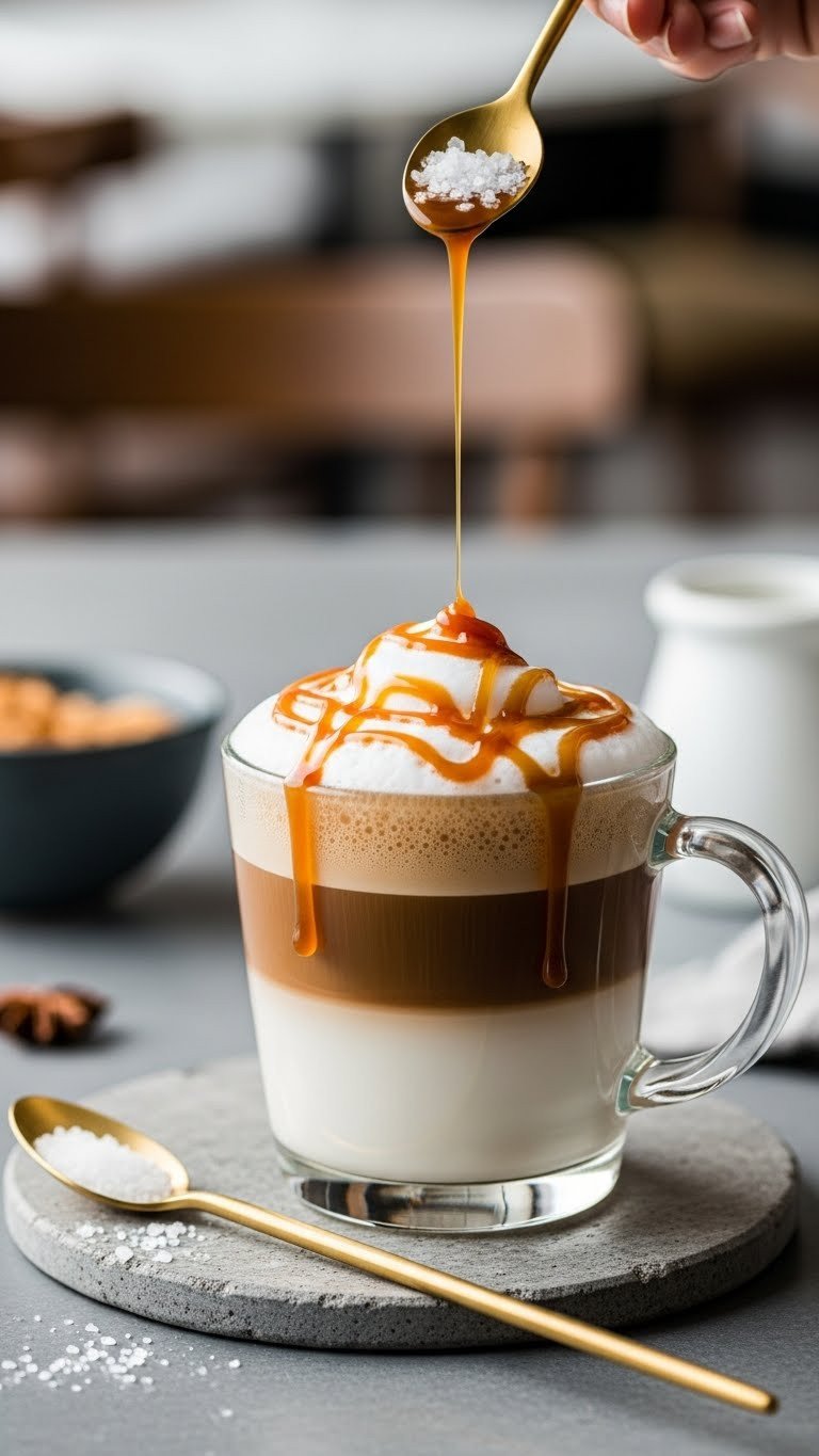 Creamy Low Carb Protein Coffee Recipe For Weight Loss 3 Salted caramel macchiato in a clear glass mug with distinct layers, caramel drizzle, sea salt, and a gold stirring rod