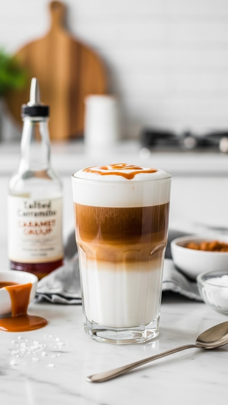 Deliciously Creamy Protein Coffee With Protein Powder 9 Salted caramel macchiato proffee in a tall glass on a white marble countertop