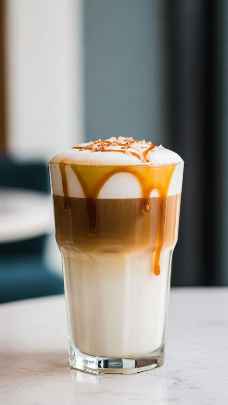 7 Best Orgain Protein Coffee Recipes To Boost Your Day 12 Salted caramel protein macchiato in a glass on a cafe table