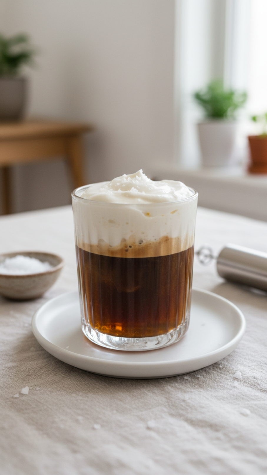 Salted cream espresso tonic with thick velvety cream layer and flaky sea salt on ceramic plate