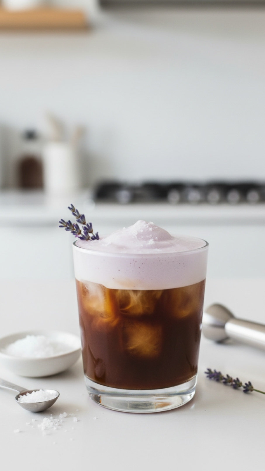 Salted lavender iced coffee with cold foam and sea salt topping on white minimalist countertop