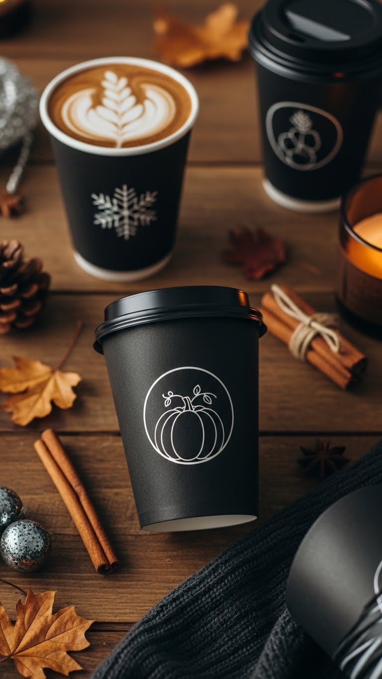 Seasonal black coffee cup with minimalist autumn leaf illustration on rustic wooden table with fall elements
