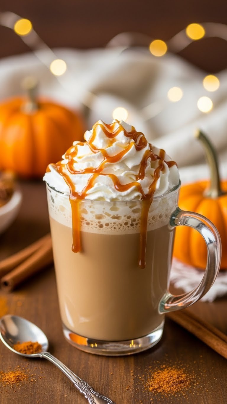 30g Protein Coffee Ultimate Guide Recipes Brands Benefits 13 Seasonal caramel protein coffee in a glass mug with whipped cream, sugar-free drizzle, on wooden surface with fall decorations.