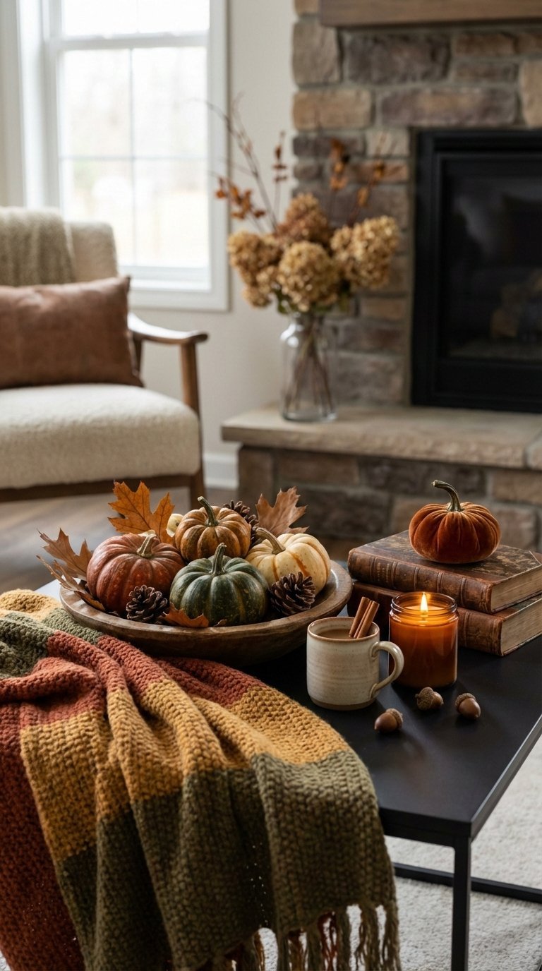 Seasonal coffee table refresh with autumn gourds and rich textures arranged on matte black table
