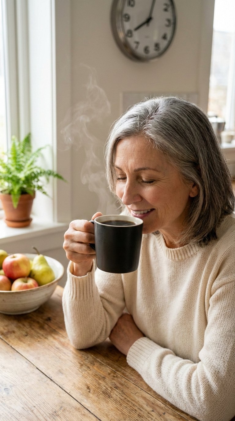 Senior adult peacefully sipping black coffee in bright minimalist kitchen with natural light and soft bokeh background