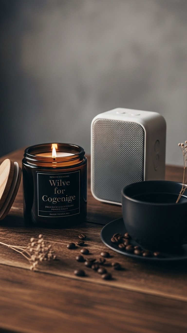 Sensory tabletop display with ceramic candle jar, Bluetooth speaker, coffee beans and dark mug on rustic wood