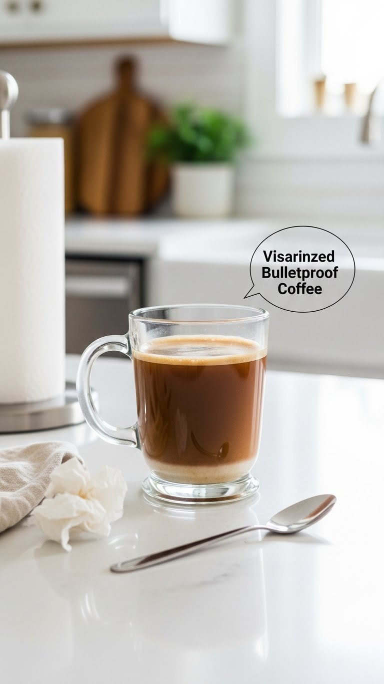 Separated keto bulletproof coffee showing oil layer on top in glass mug on white countertop