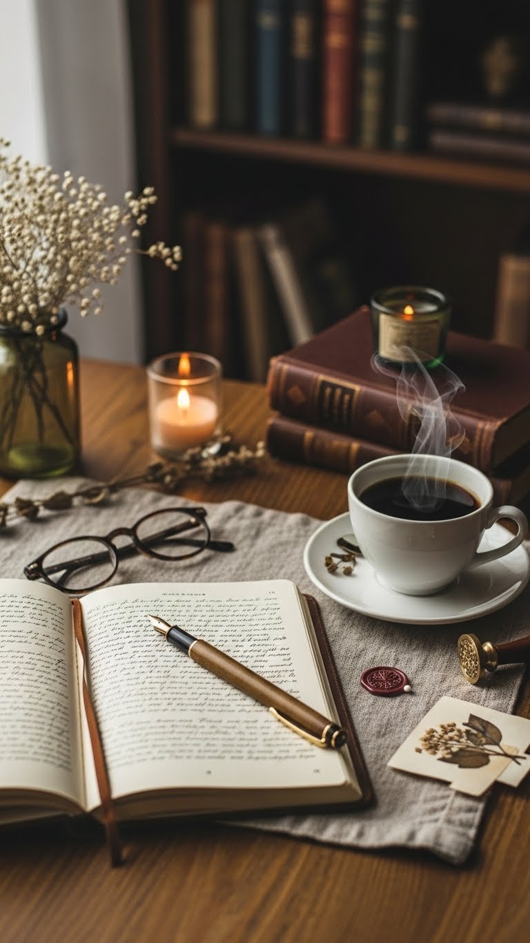 Serene Dark Academia journaling flat lay with leather-bound journal, fountain pen, and steaming black coffee