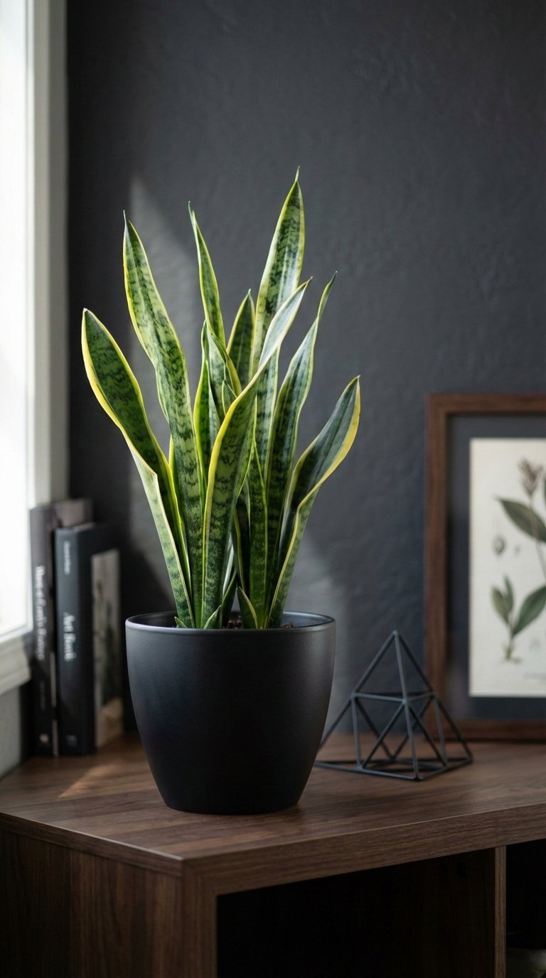 Serene black coffee office aesthetic with vibrant snake plant in dark pot on wooden shelf against charcoal wall.