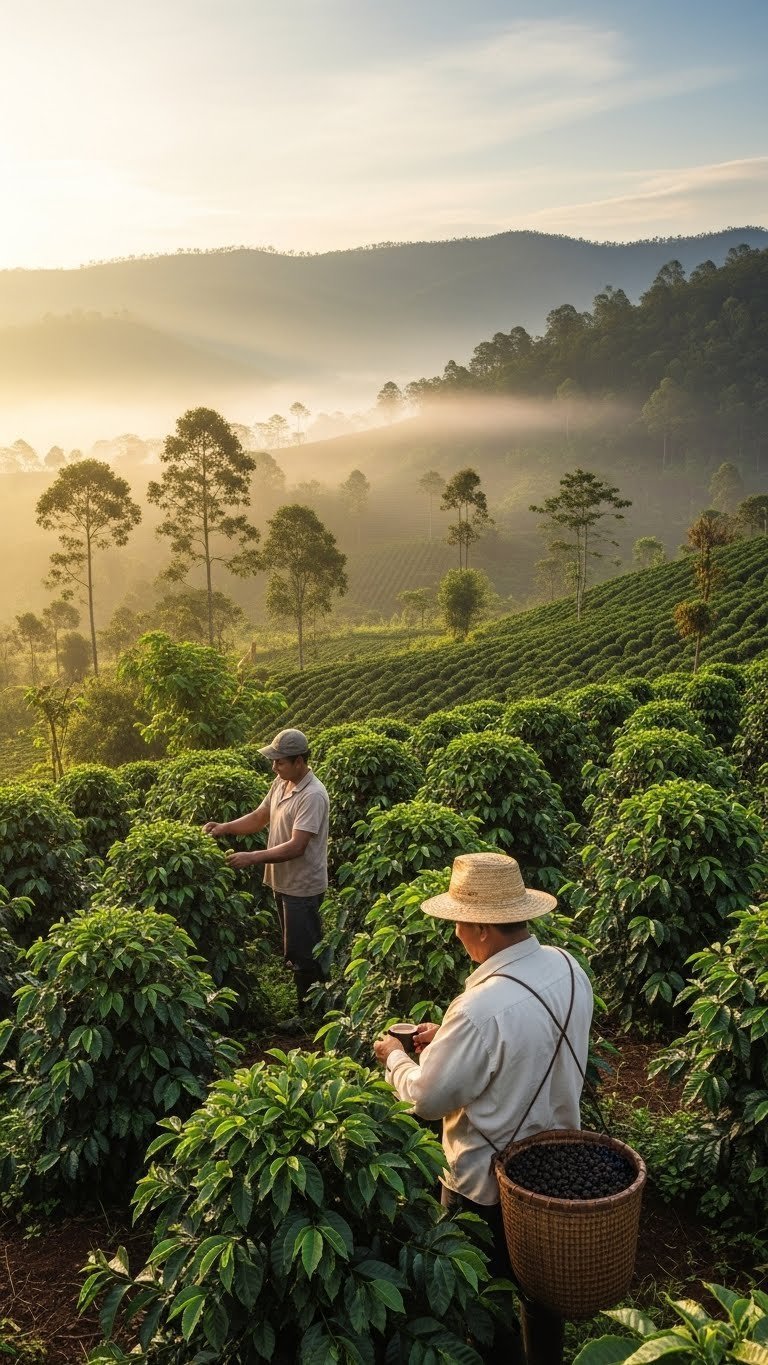 Serene coffee plantation sunrise scene showing farmer tending plants with mist rising in lush valley